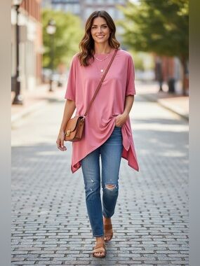 Giocam Pink Oversized Cotton Tunic Top Medium Asymmetrical Sharkbite Hem